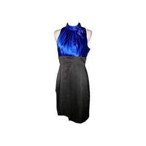 NW Collections Sleeveless Blue & Black  Satin Sheath Dress Petite Sz 10P T6#205